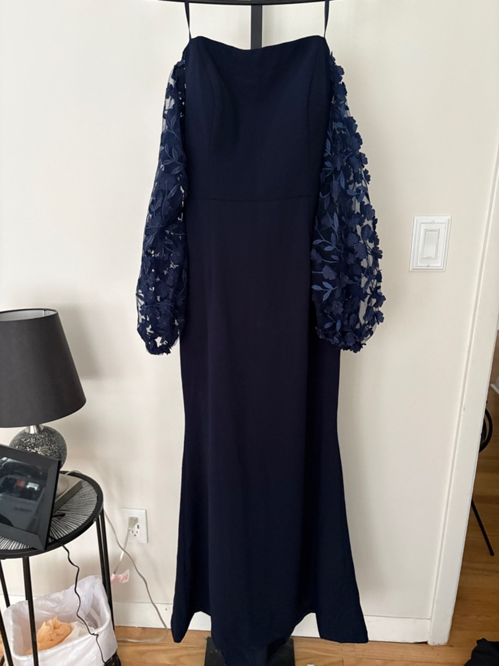 Eliza J Navy Off-Shoulder mother of the groom Gown with 3D Lace Balloon Sleeves